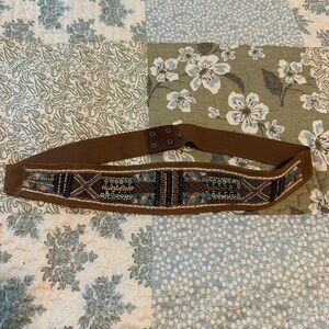 Brown faux leather beaded belt with blue and green details. Fairycore, boho vibe